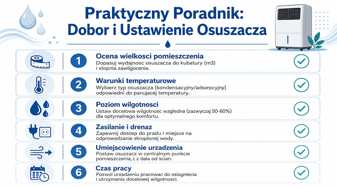 Poradnik przedstawiający sześć kluczowych kroków dotyczących doboru oraz właściwego ustawienia osuszacza powietrza w pomieszczeniu mieszkalnym.