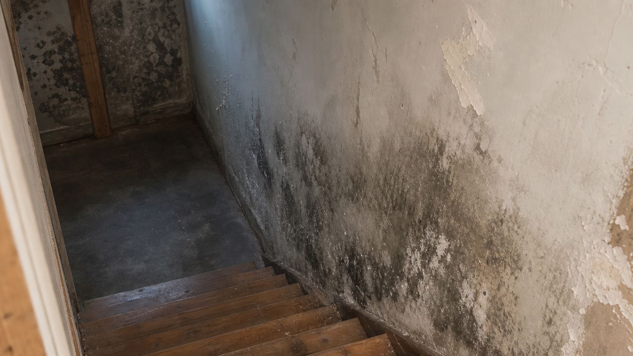 Stare drewniane schody prowadzące do ciemnej piwnicy ze ścianami pokrytymi dużą ilością szarej pleśni oraz grzyba.