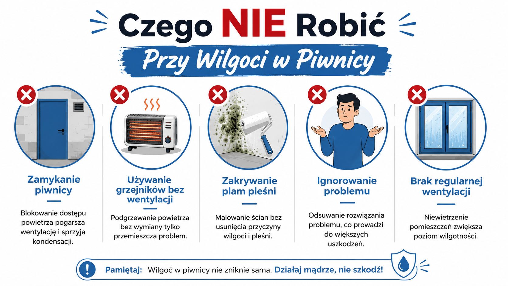 Grafika przedstawiająca pięć najczęstszych błędów przy usuwaniu wilgoci w piwnicy, których należy unikać, aby nie pogorszyć sytuacji.