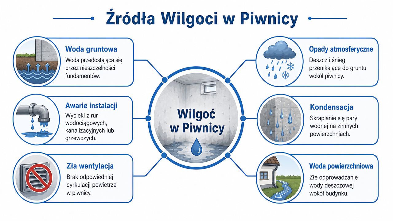 Schemat przedstawiający główne przyczyny powstawania wilgoci w piwnicy, takie jak woda gruntowa, awarie instalacji i kondensacja.