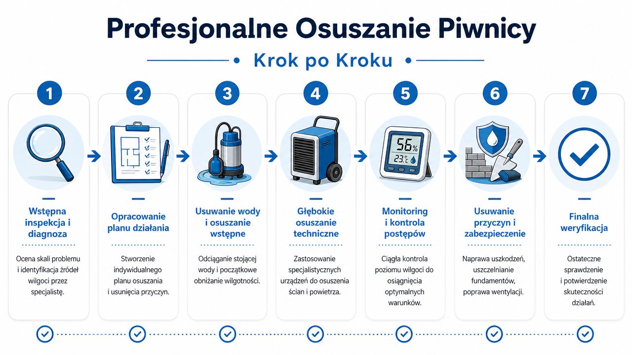 Siedmiostopniowy proces profesjonalnego osuszania piwnicy przedstawiony w formie przejrzystej infografiki z ikonami krok po kroku.