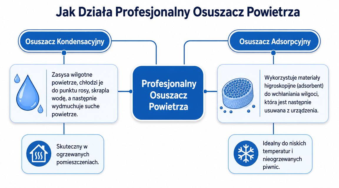 Schemat przedstawiający różnice w działaniu profesjonalnych osuszaczy powietrza kondensacyjnych oraz adsorpcyjnych w warunkach domowych.