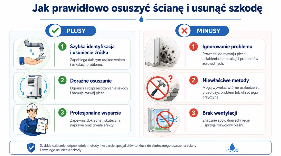 Infografika przedstawiająca plusy i minusy działań przy usuwaniu wilgoci ze ścian oraz profesjonalnego osuszania budynków.