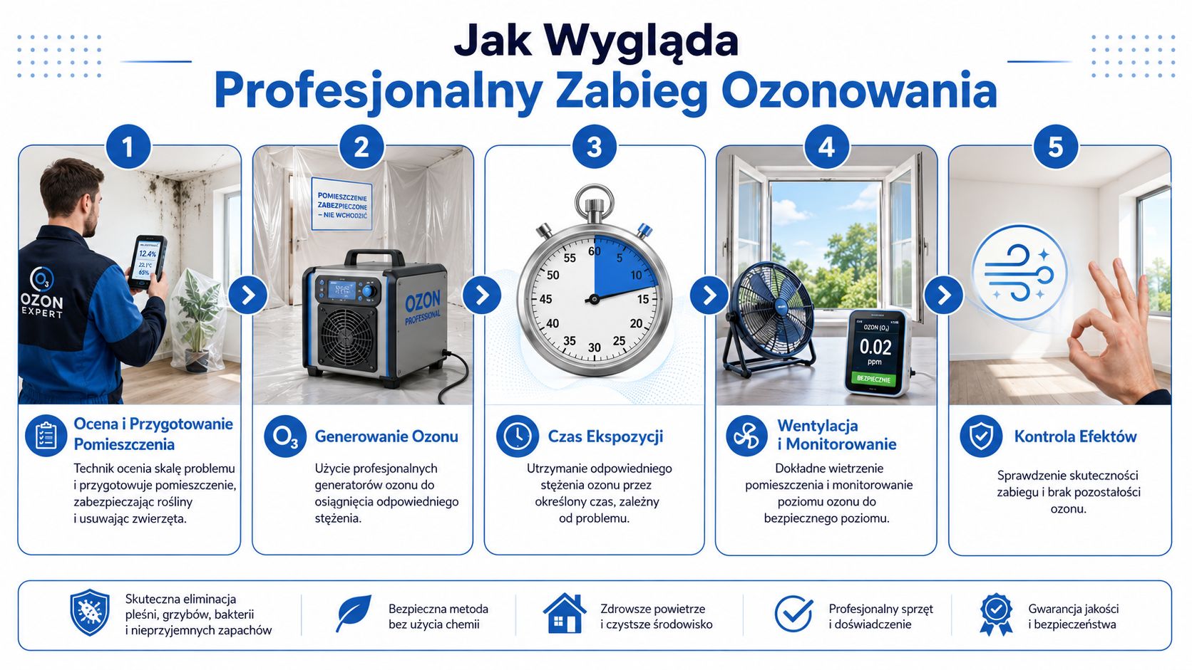 Grafika przedstawiająca pięcioetapowy proces profesjonalnego ozonowania pomieszczeń w celu usuwania pleśni, grzybów i nieprzyjemnych zapachów.