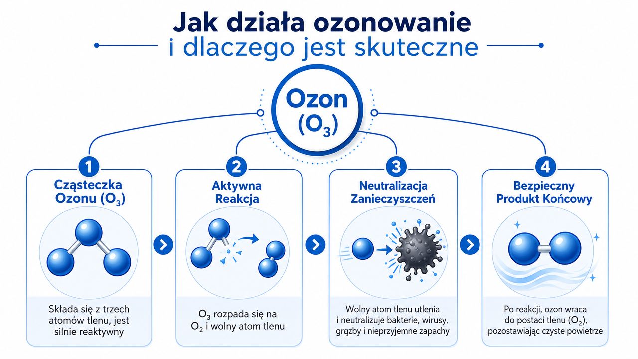 Schemat wyjaśniający proces ozonowania, pokazujący rozpad cząsteczki ozonu i neutralizację zanieczyszczeń w celu oczyszczenia powietrza.