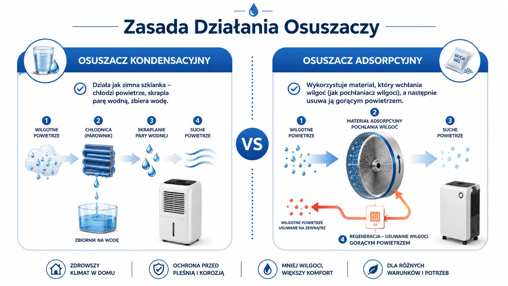 Porównanie zasady działania osuszacza kondensacyjnego oraz adsorpcyjnego na czytelnej infografice przedstawiającej proces usuwania wilgoci z powietrza.