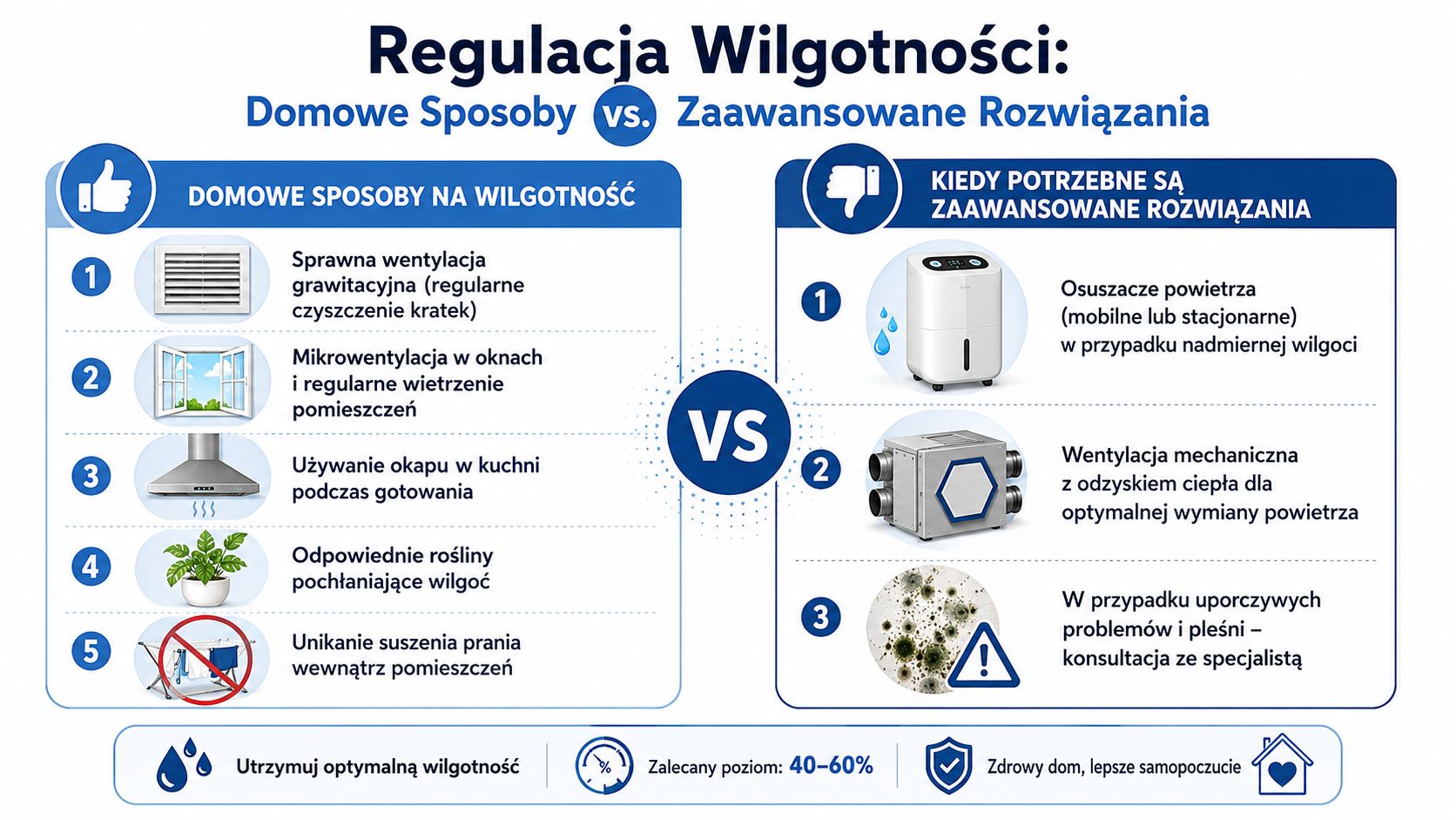 Porównanie domowych sposobów na wilgoć oraz zaawansowanych rozwiązań technicznych w infografice dotyczącej optymalnej wilgotności powietrza w domu.