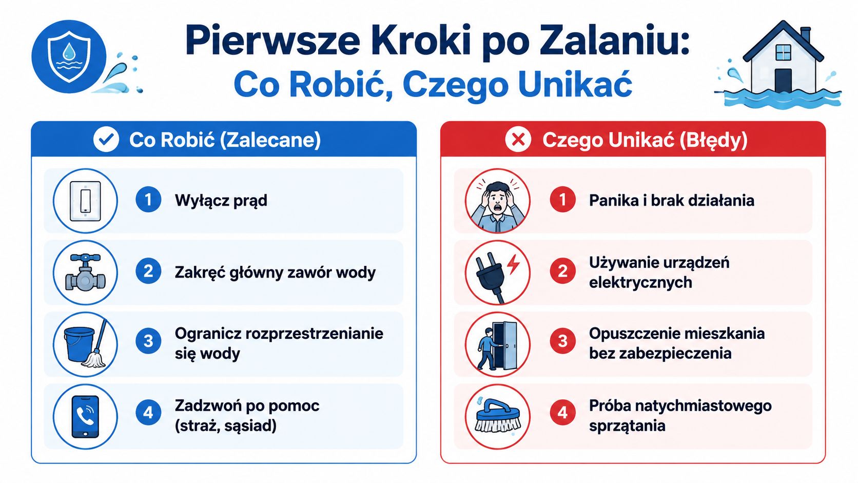 Infografika przedstawiająca kroki postępowania w przypadku zalania mieszkania, wskazująca co należy zrobić, a czego należy unikać.