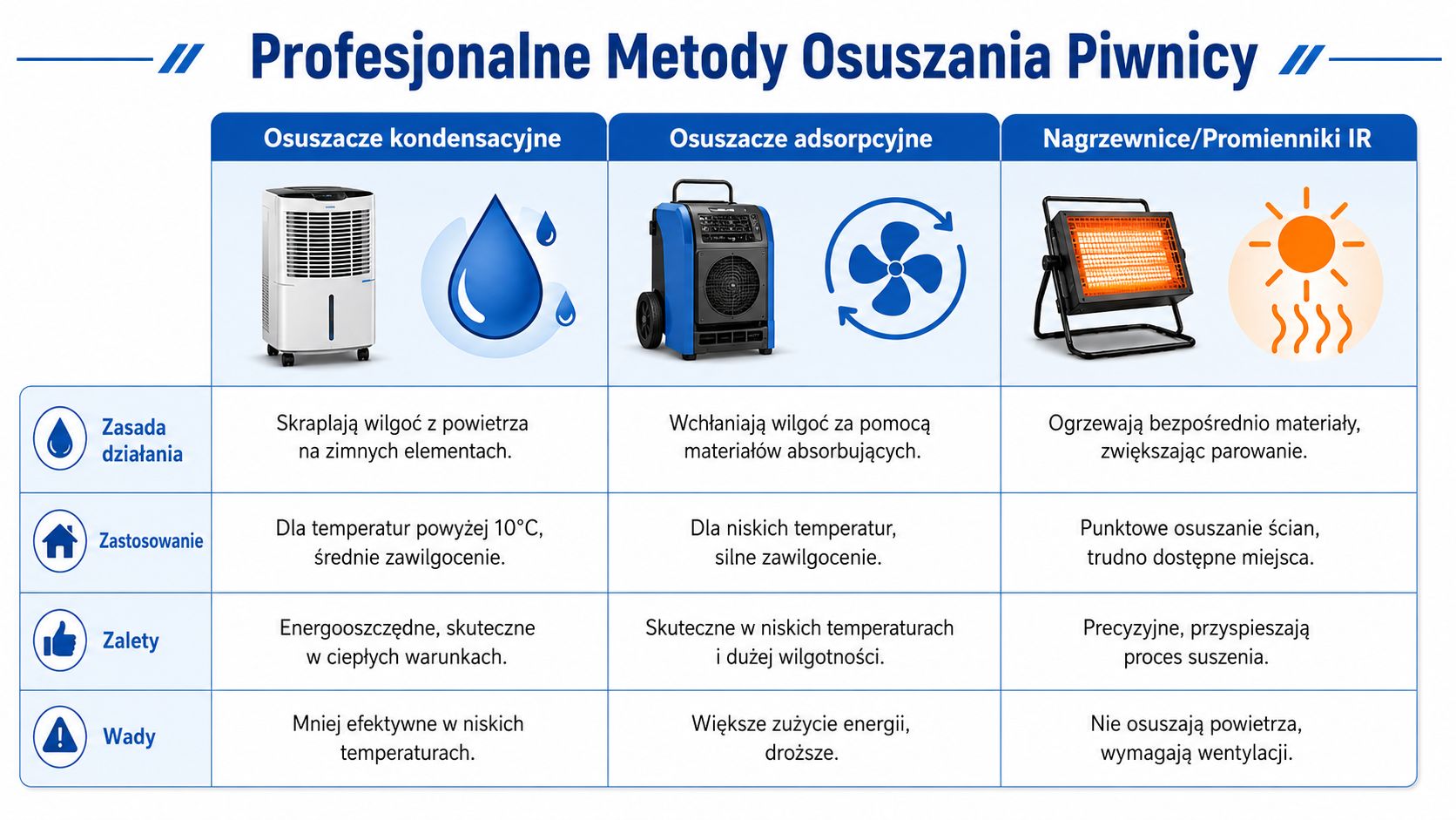 Tabela porównująca trzy profesjonalne metody osuszania piwnic: osuszacze kondensacyjne, adsorpcyjne oraz nagrzewnice i promienniki podczerwieni.