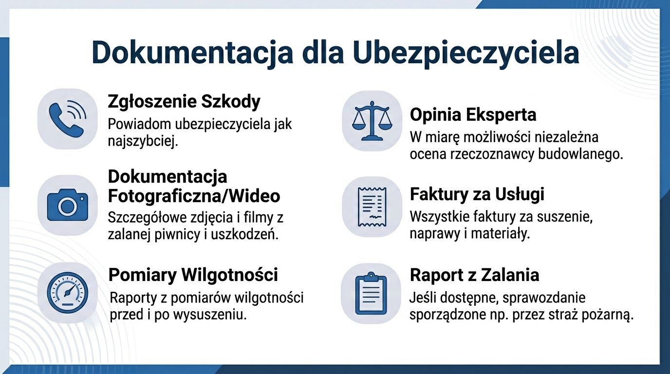 Lista wymaganych dokumentów dla ubezpieczyciela po zalaniu piwnicy, ułatwiająca proces zgłoszenia szkody i uzyskania odszkodowania.