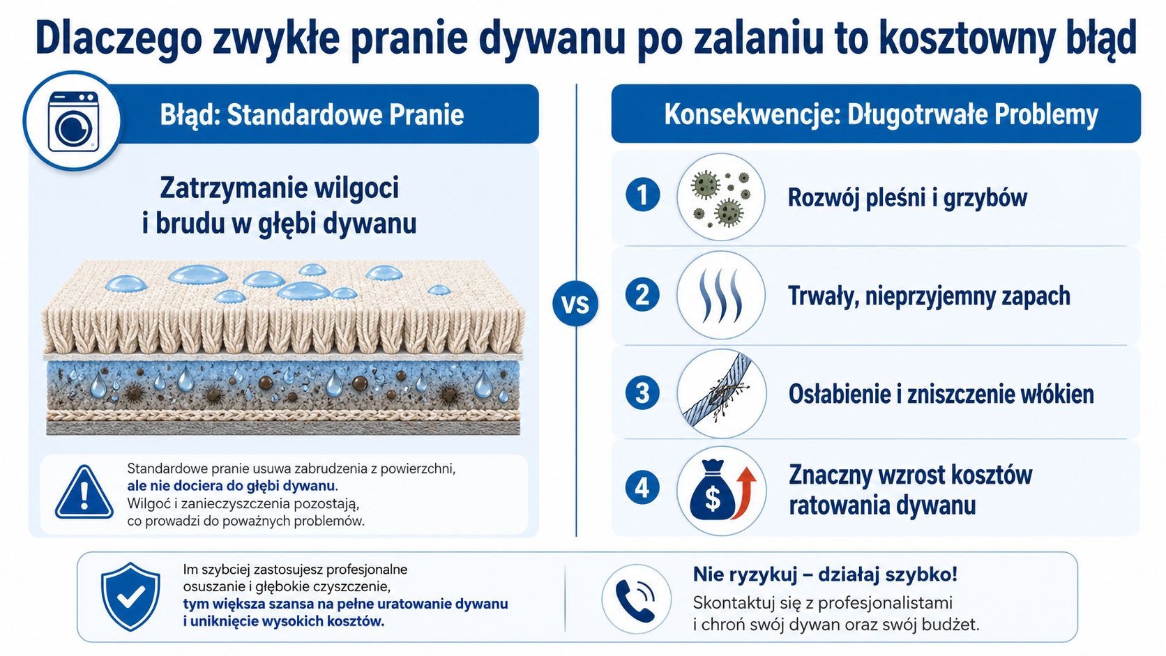 Infografika wyjaśniająca, dlaczego standardowe pranie dywanu po zalaniu prowadzi do rozwoju pleśni i kosztownych zniszczeń.