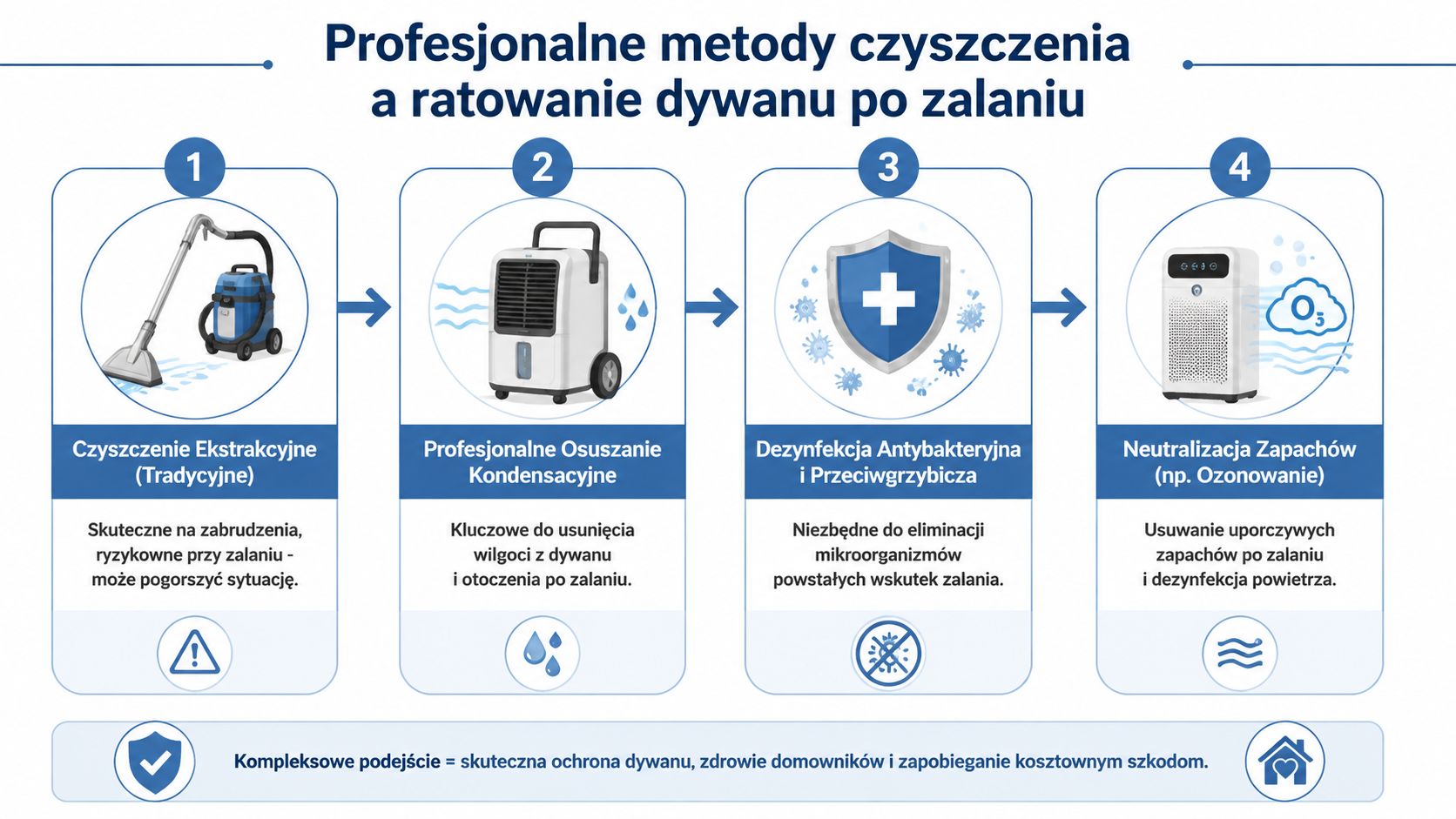 Grafika przedstawiająca cztery profesjonalne kroki usuwania skutków zalania dywanu, od ekstrakcji po neutralizację nieprzyjemnych zapachów ozonowaniem.