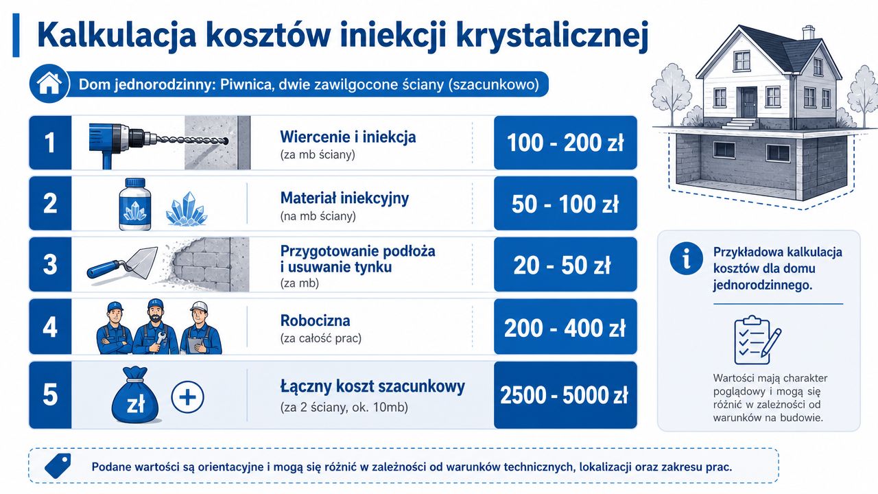 Infografika przedstawiająca szacunkowe koszty wykonania iniekcji krystalicznej w piwnicy domu jednorodzinnego w podziale na etapy prac.