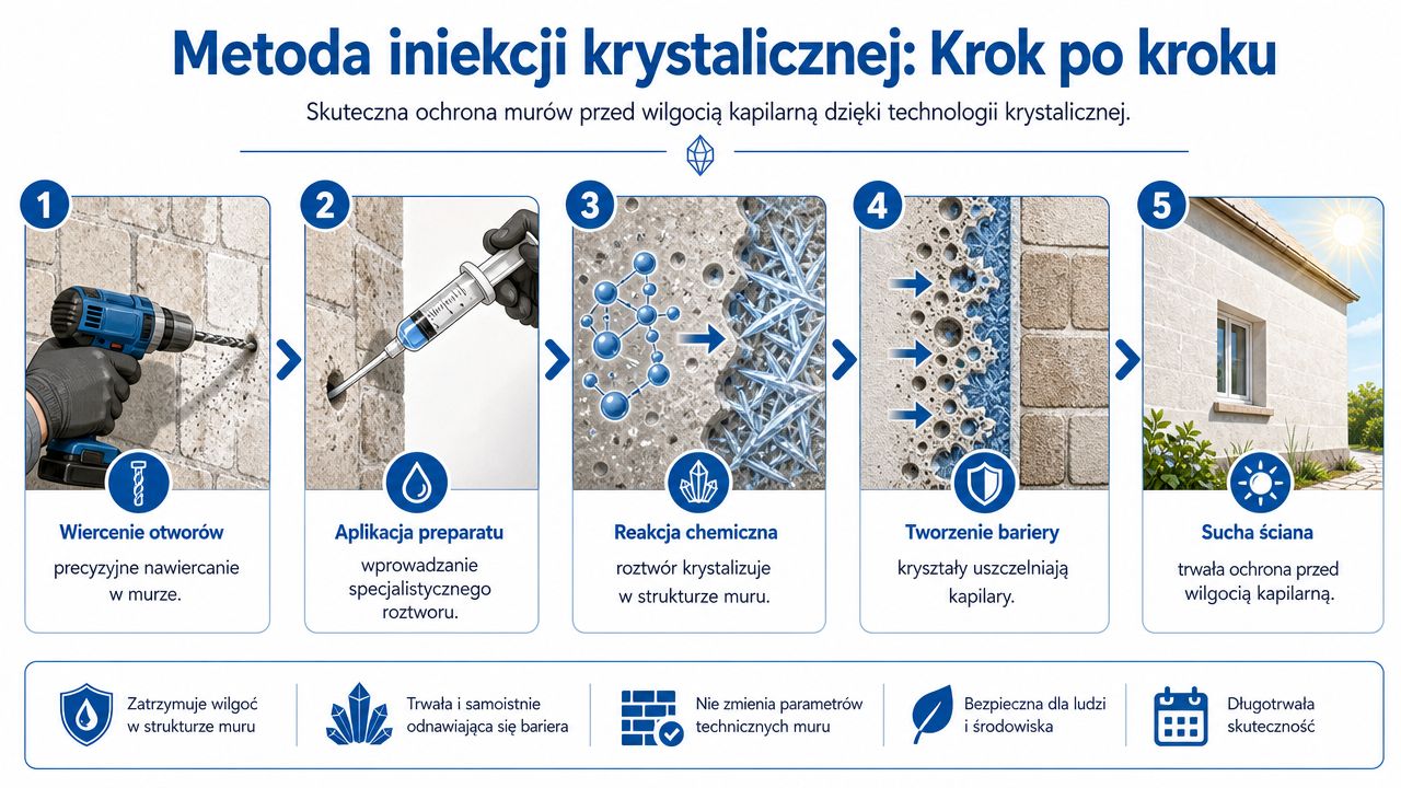 Schemat przedstawiający pięć etapów procesu iniekcji krystalicznej do ochrony murów przed wilgocią kapilarną w domu jednorodzinnym.