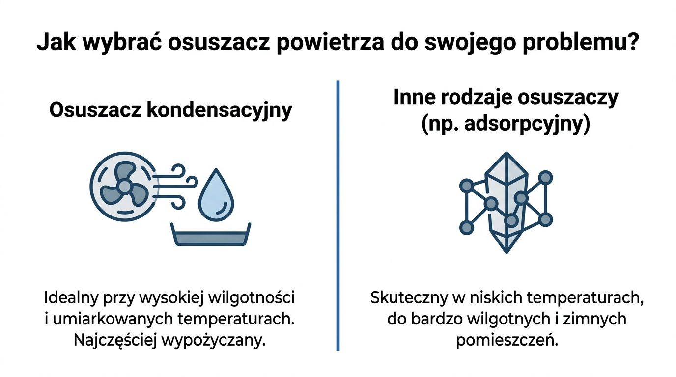 Porównanie osuszaczy kondensacyjnych i adsorpcyjnych dla optymalnego wyboru w zależności od wilgotności oraz temperatury pomieszczenia.