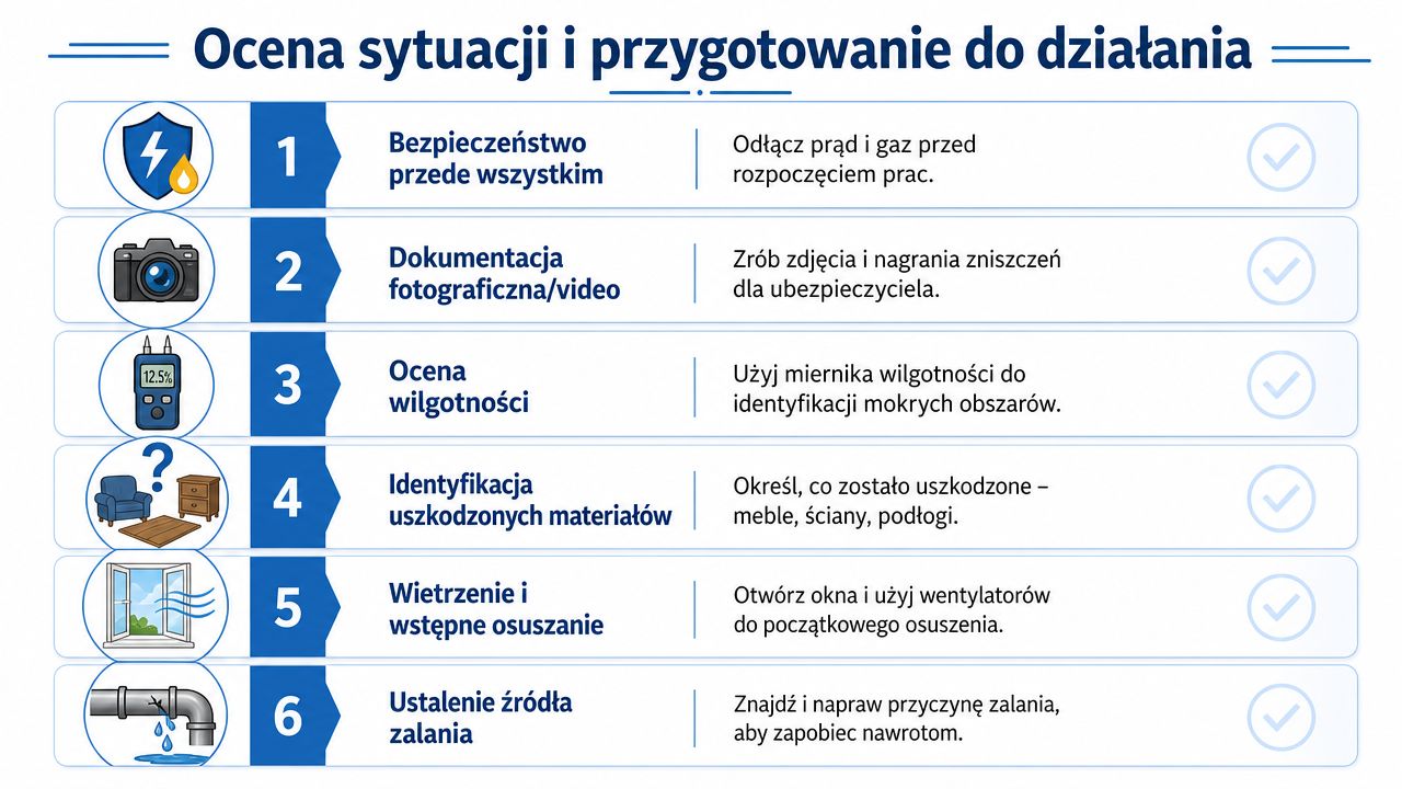 Sześciostopniowa instrukcja oceny sytuacji i przygotowania do działań po zalaniu pomieszczenia w języku polskim.