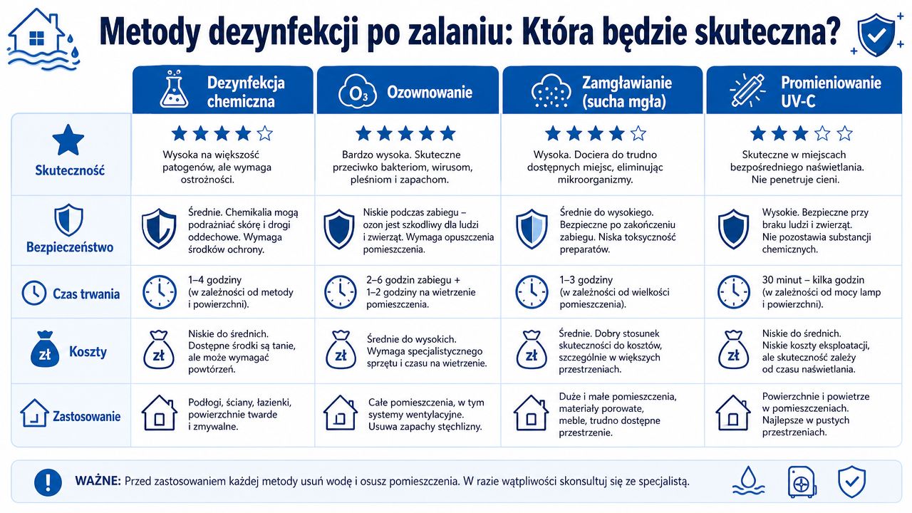 Tabela porównawcza metod dezynfekcji pomieszczeń po zalaniu, uwzględniająca skuteczność, bezpieczeństwo, czas trwania, koszty oraz zastosowanie poszczególnych technik.