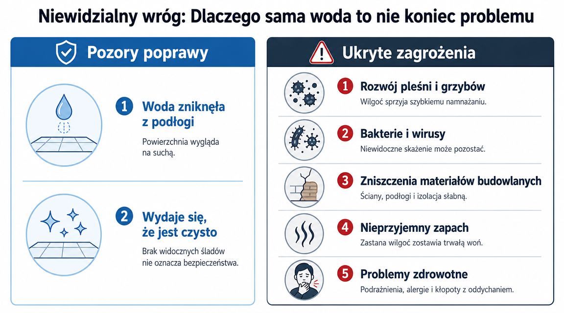 Infografika wyjaśniająca ukryte zagrożenia zdrowotne i budowlane po zalaniu, mimo wyschniętej powierzchni podłogi.