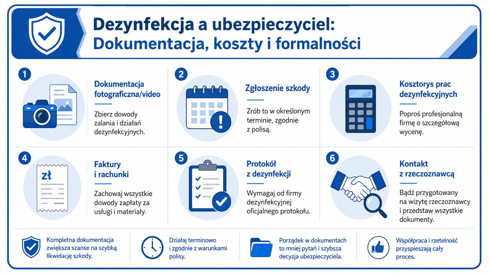 Infografika przedstawiająca sześć kroków postępowania z ubezpieczycielem po przeprowadzeniu dezynfekcji po zalaniu mieszkania lub domu.