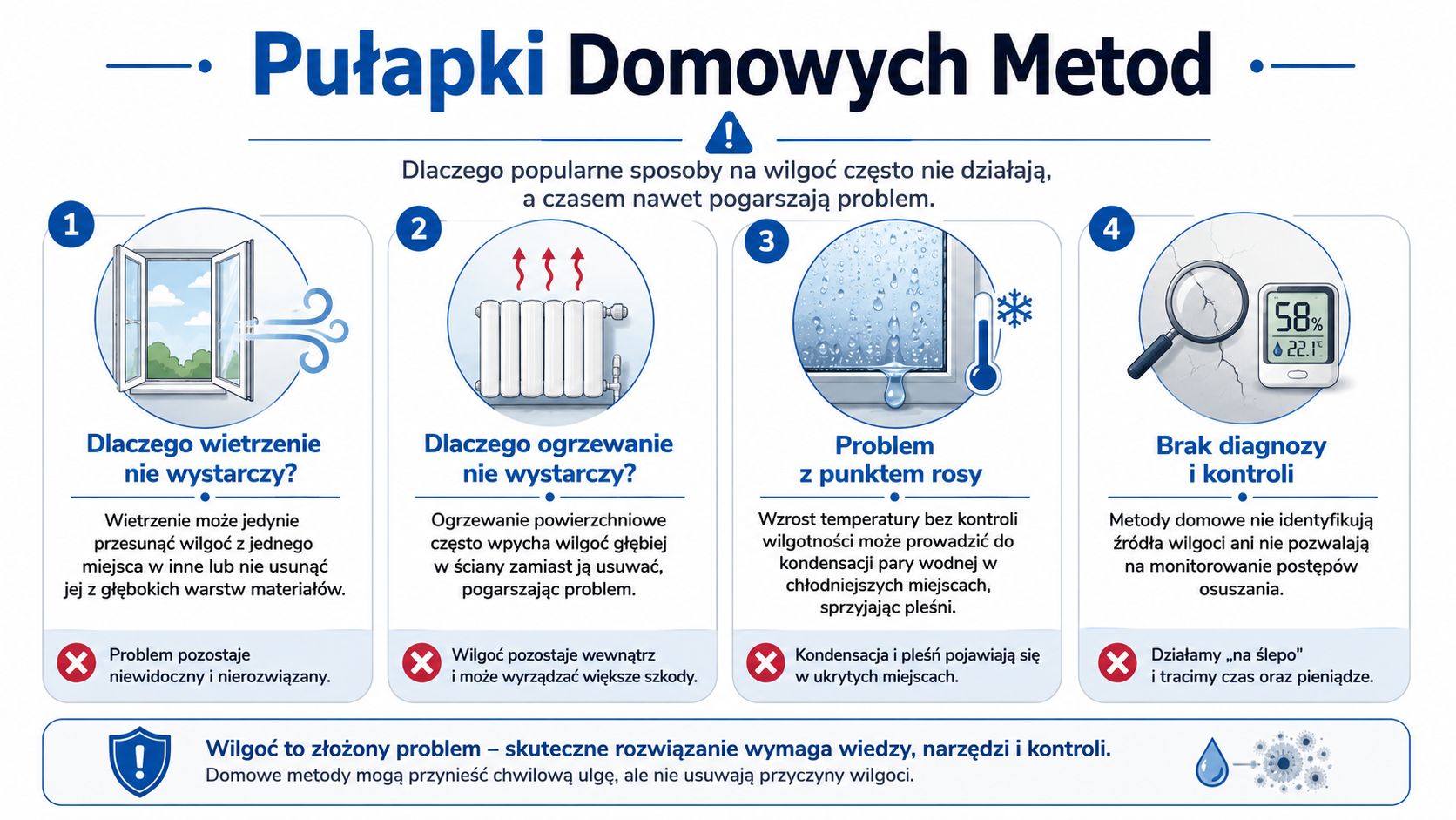 Grafika przedstawiająca cztery pułapki domowych metod walki z wilgocią w mieszkaniu oraz przyczyny ich nieskuteczności.