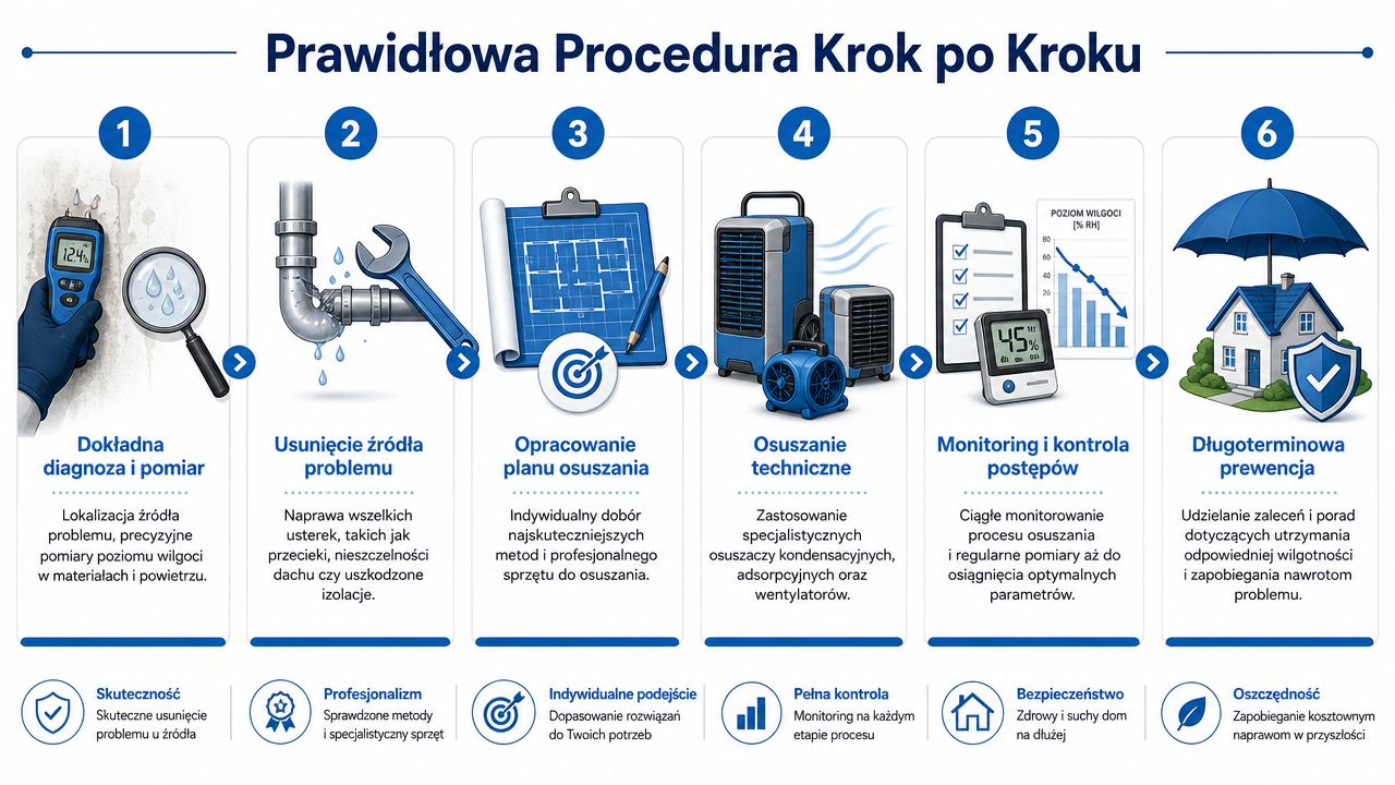 Sześciostopniowa procedura profesjonalnego osuszania budynków, przedstawiona w formie czytelnej grafiki z opisem każdego etapu procesu.