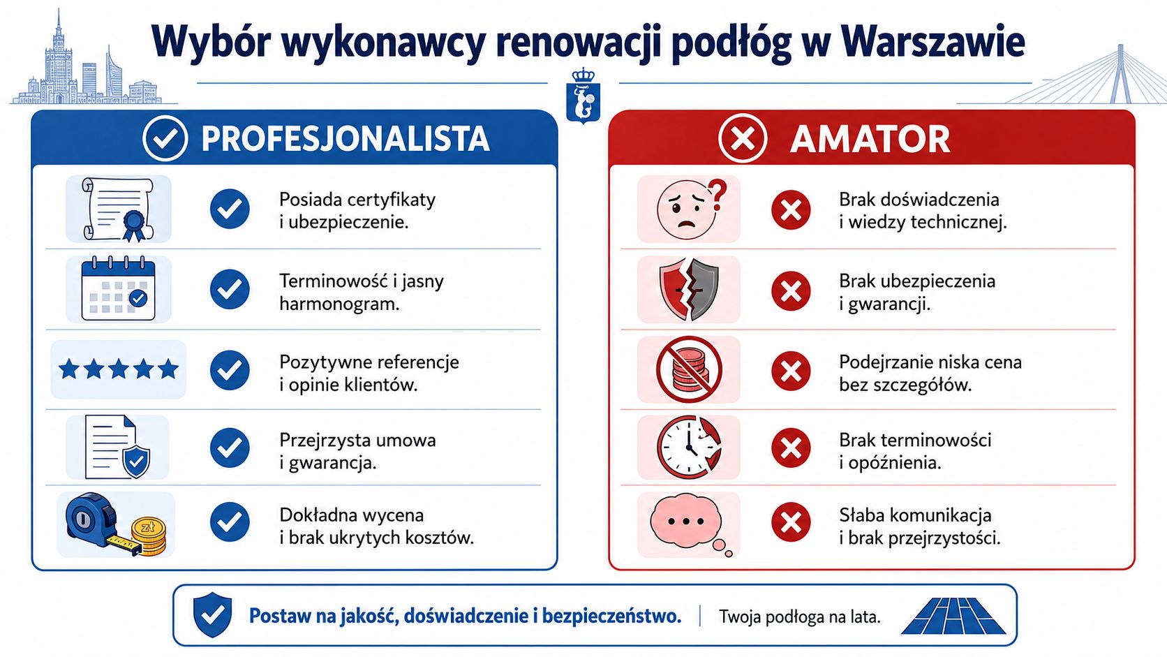 Porównanie cech profesjonalnego wykonawcy oraz amatora przy wyborze usługi renowacji podłóg w Warszawie.