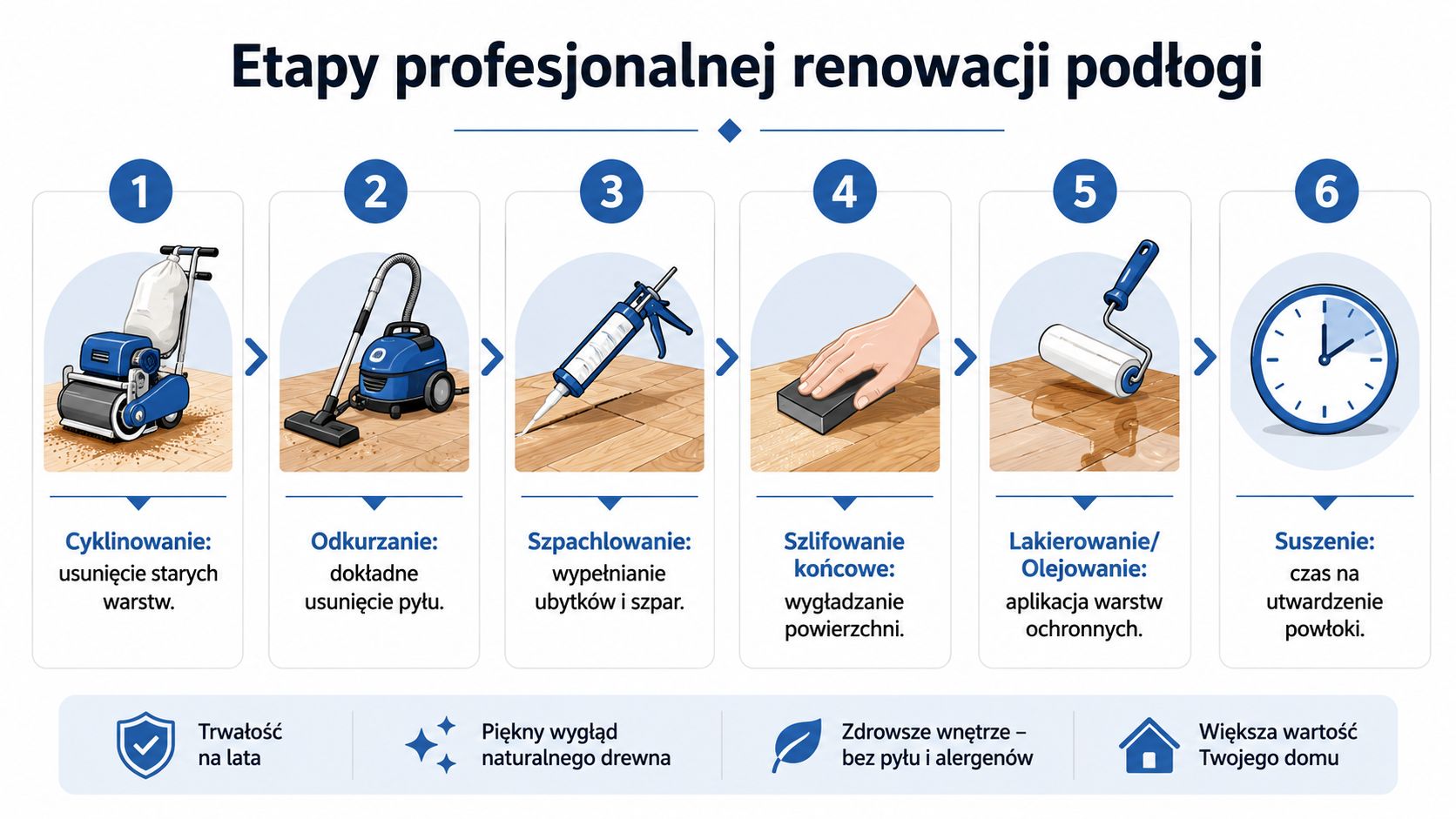 Sześciostopniowy proces profesjonalnej renowacji podłogi drewnianej, pokazujący etapy od cyklinowania, przez szpachlowanie, aż po lakierowanie i suszenie.