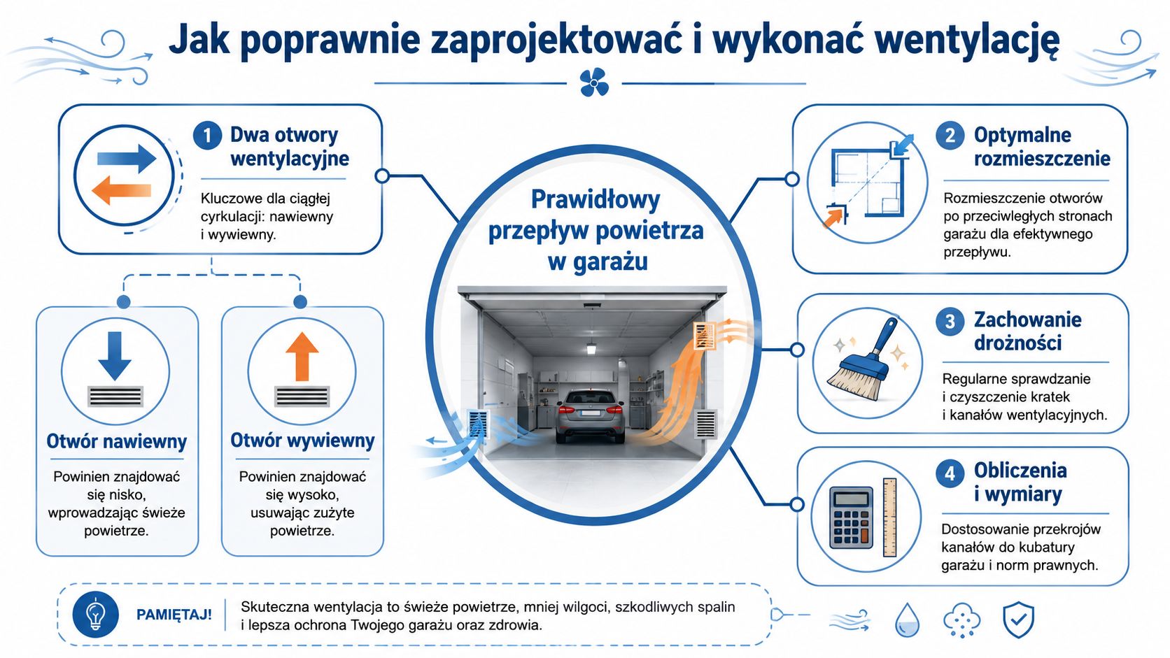 Infografika pokazująca kluczowe zasady poprawnego projektowania i skutecznego wykonywania systemu wentylacji w garażu samochodowym.