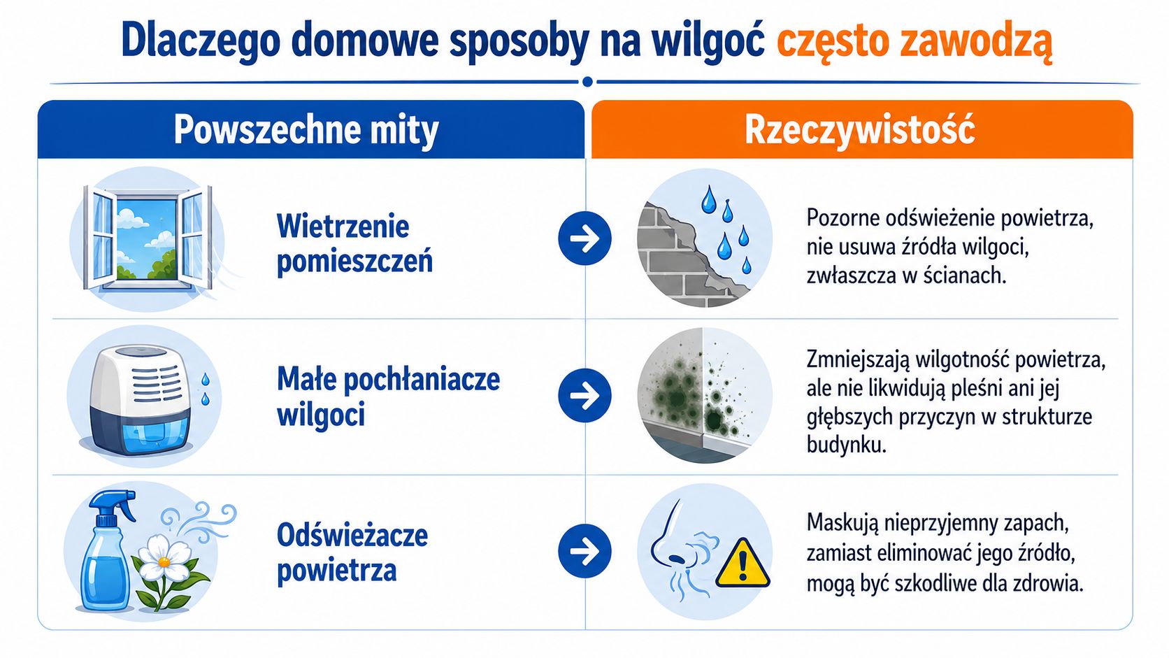 Infografika wyjaśniająca, dlaczego domowe sposoby na wilgoć często zawodzą, przedstawiająca mity oraz rzeczywistość ich skuteczności.
