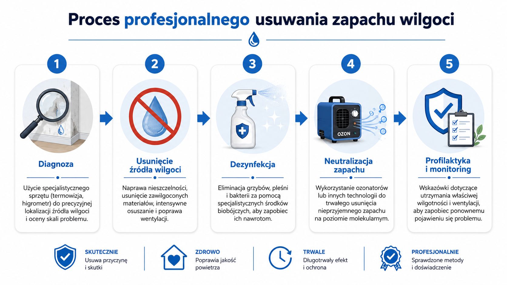 Grafika przedstawiająca pięcioetapowy profesjonalny proces usuwania zapachu wilgoci z pomieszczeń, od diagnozy po profilaktykę i monitoring.