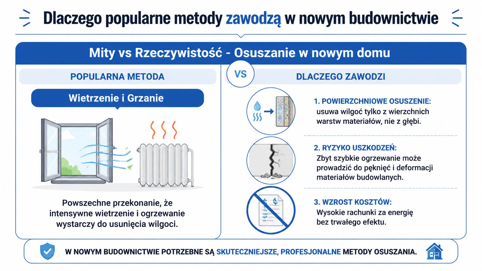 Infografika wyjaśniająca dlaczego wietrzenie i ogrzewanie to nieskuteczne metody osuszania wilgoci w nowym budownictwie.