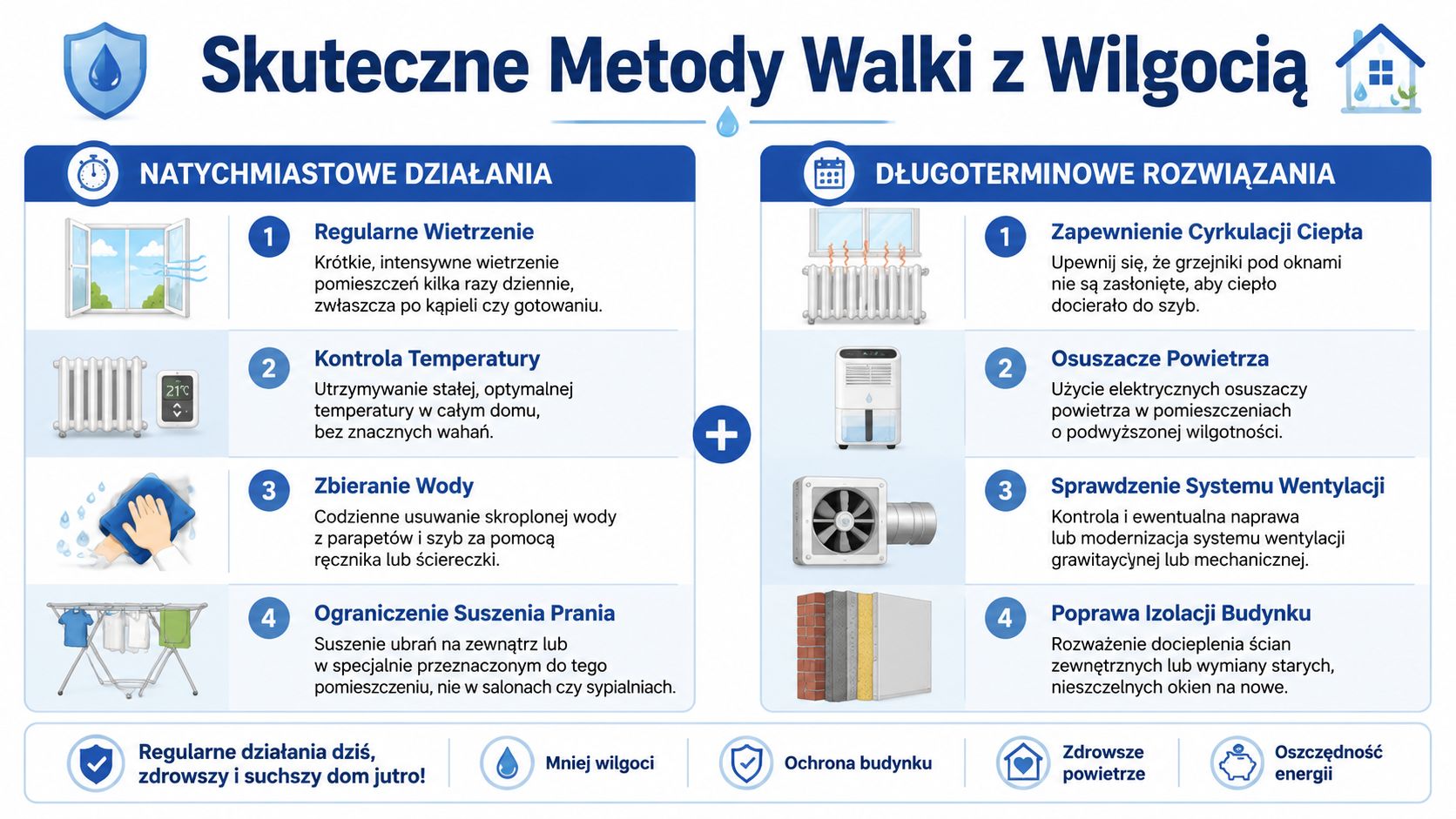 Grafika przedstawiająca skuteczne metody walki z wilgocią w domu, z podziałem na działania natychmiastowe i długoterminowe.