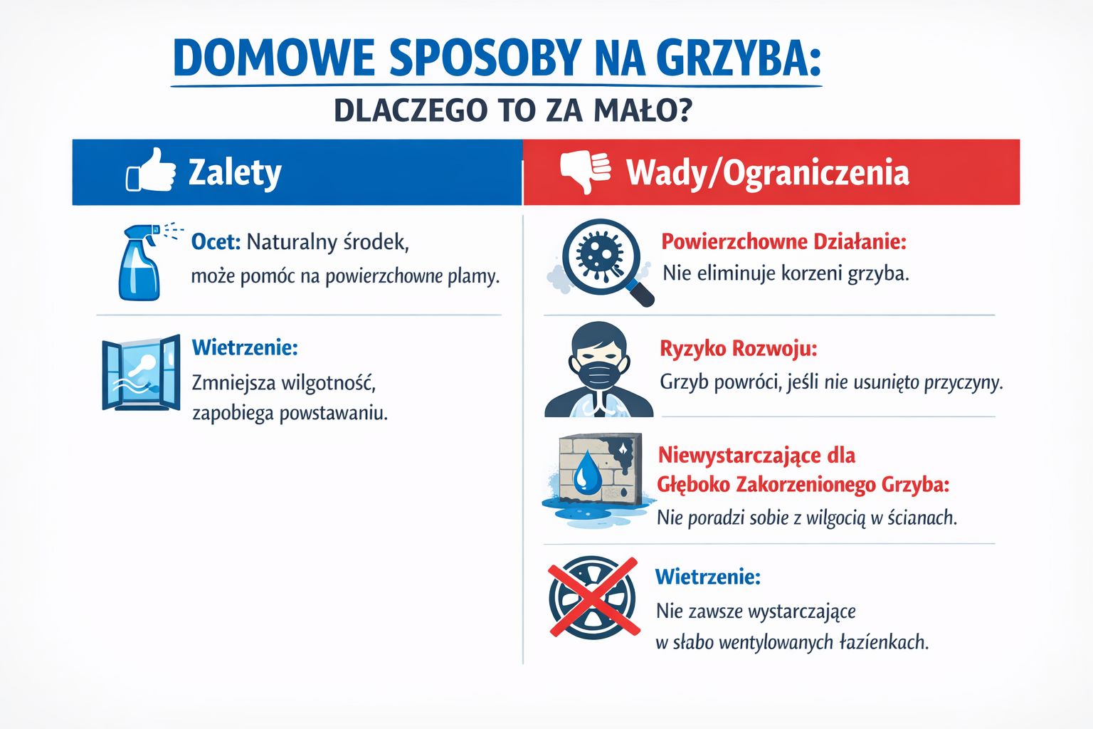 Porównanie zalet i wad domowych sposobów na usuwanie grzyba ze ścian w formie przejrzystej infografiki.