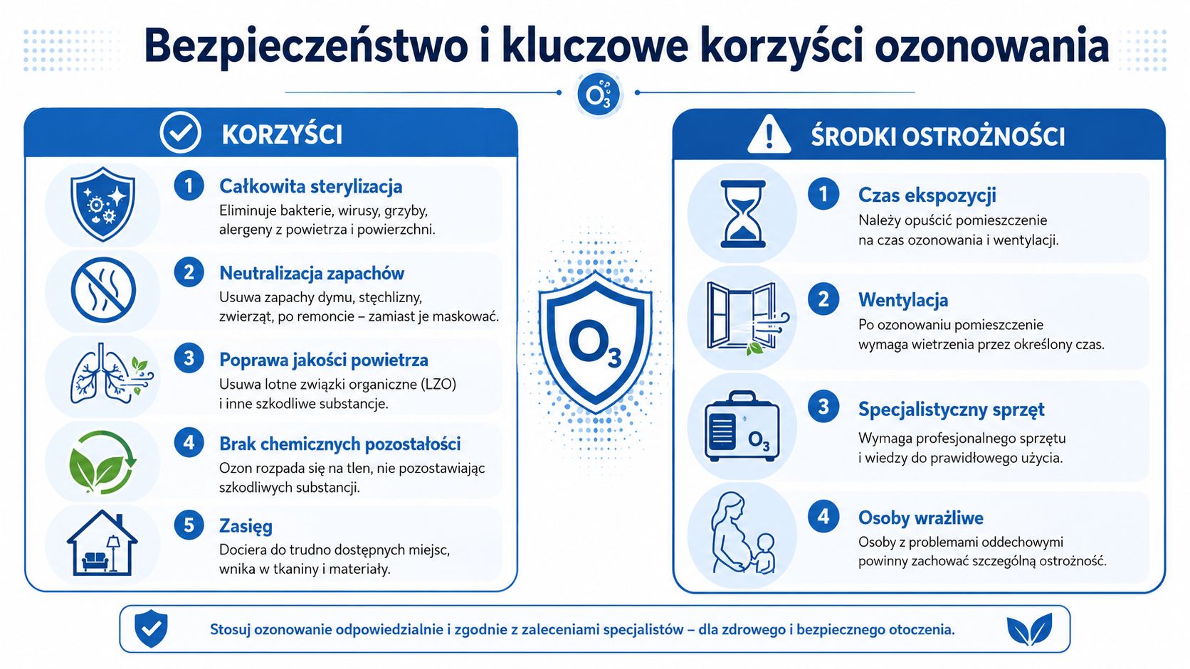 Infografika przedstawiająca kluczowe korzyści oraz środki ostrożności podczas profesjonalnego ozonowania pomieszczeń w celu zapewnienia bezpieczeństwa.