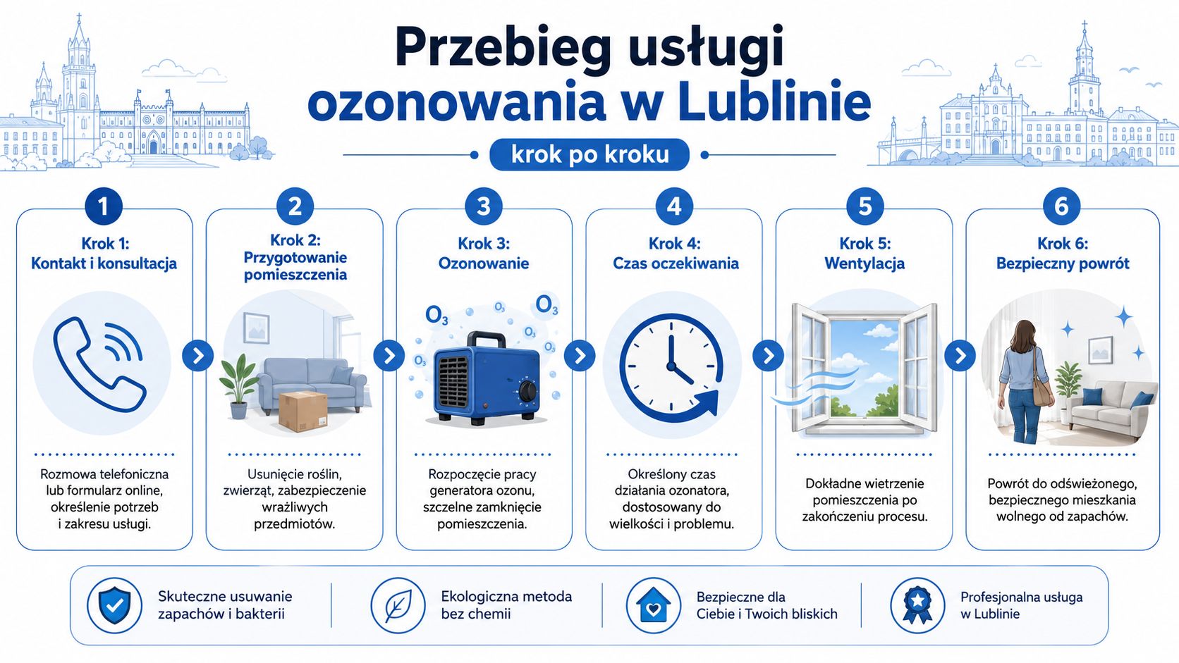 Grafika przedstawiająca sześciostopniowy proces usługi ozonowania pomieszczeń w Lublinie, prezentująca kolejne kroki od konsultacji po bezpieczny powrót.