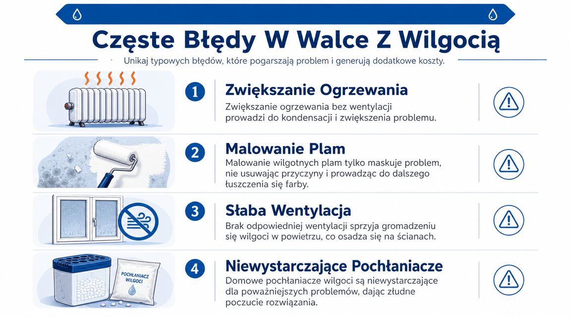Infografika przedstawiająca cztery najczęstsze błędy popełniane podczas próby walki z wilgocią w domu i mieszkaniu.