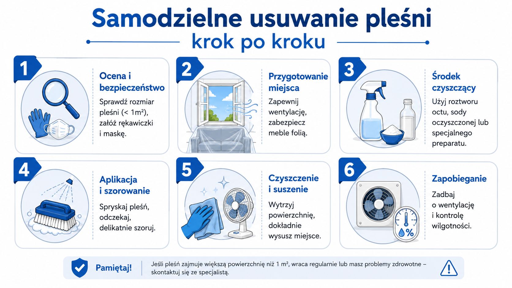 Sześciostopniowa instrukcja graficzna pokazująca bezpieczny sposób usuwania pleśni ze ścian w warunkach domowych krok po kroku.
