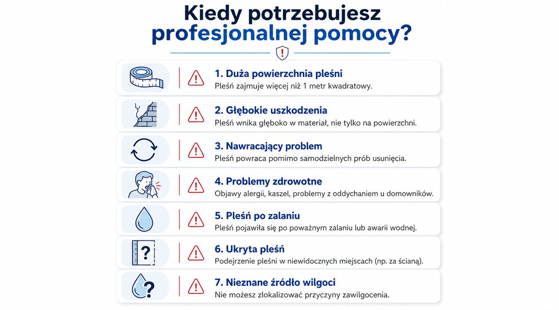 Lista siedmiu sytuacji, w których należy skorzystać z profesjonalnych usług usuwania pleśni ze ścian w domu.