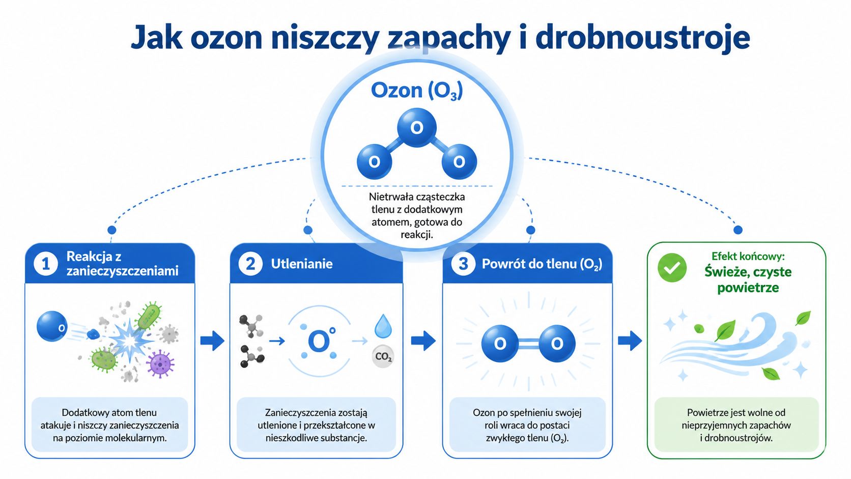 Schemat pokazujący proces ozonowania, w którym ozon skutecznie usuwa zapachy i drobnoustroje z powietrza.