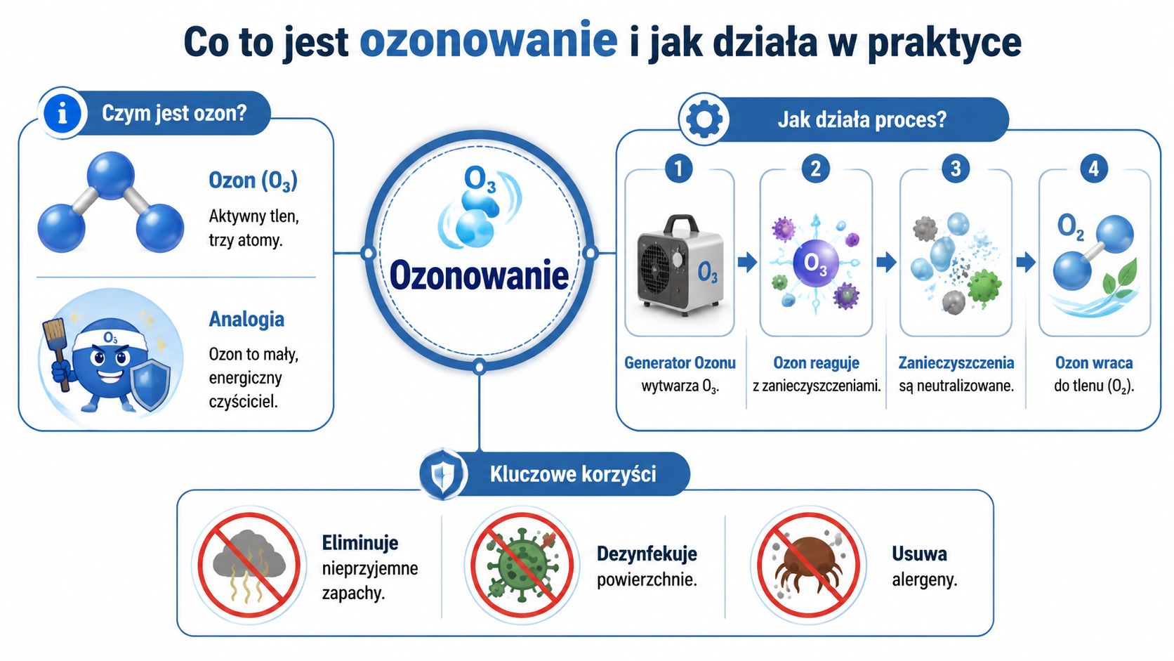 Infografika przedstawiająca proces ozonowania, wyjaśniająca czym jest ozon, jak działa generator i jakie niesie korzyści dla otoczenia.
