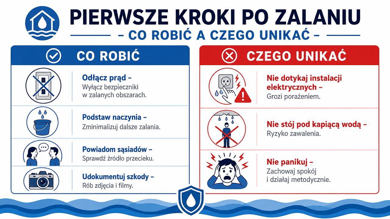 Poradnik w formie grafiki przedstawiający instrukcję pierwszych kroków oraz zakazów, jakie należy podjąć w przypadku zalania mieszkania.