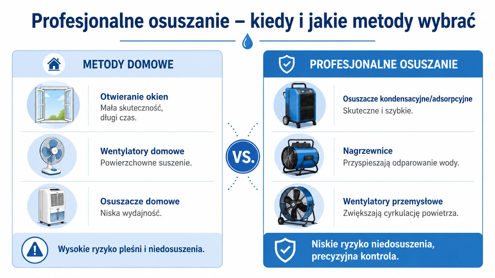 Porównanie metod domowych oraz profesjonalnych technik osuszania pomieszczeń po zalaniu lub przy wilgoci w budynku.