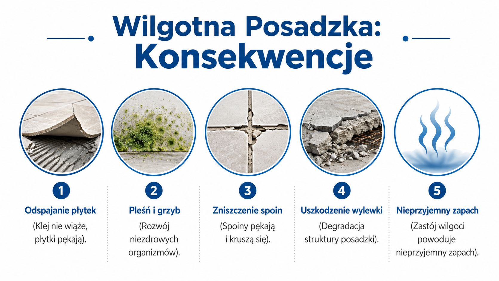 Infografika przedstawiająca pięć negatywnych konsekwencji nadmiernej wilgoci w podłożu betonowym pod płytkami ceramicznymi w domu.