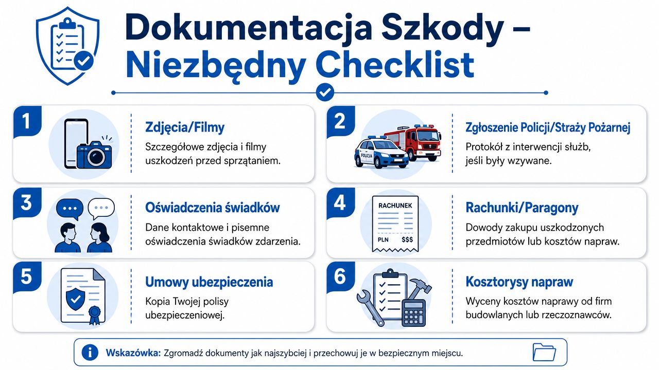 Lista kontrolna dokumentów potrzebnych do zgłoszenia szkody ubezpieczeniowej przedstawiona w formie czytelnej grafiki z numerowanymi punktami.