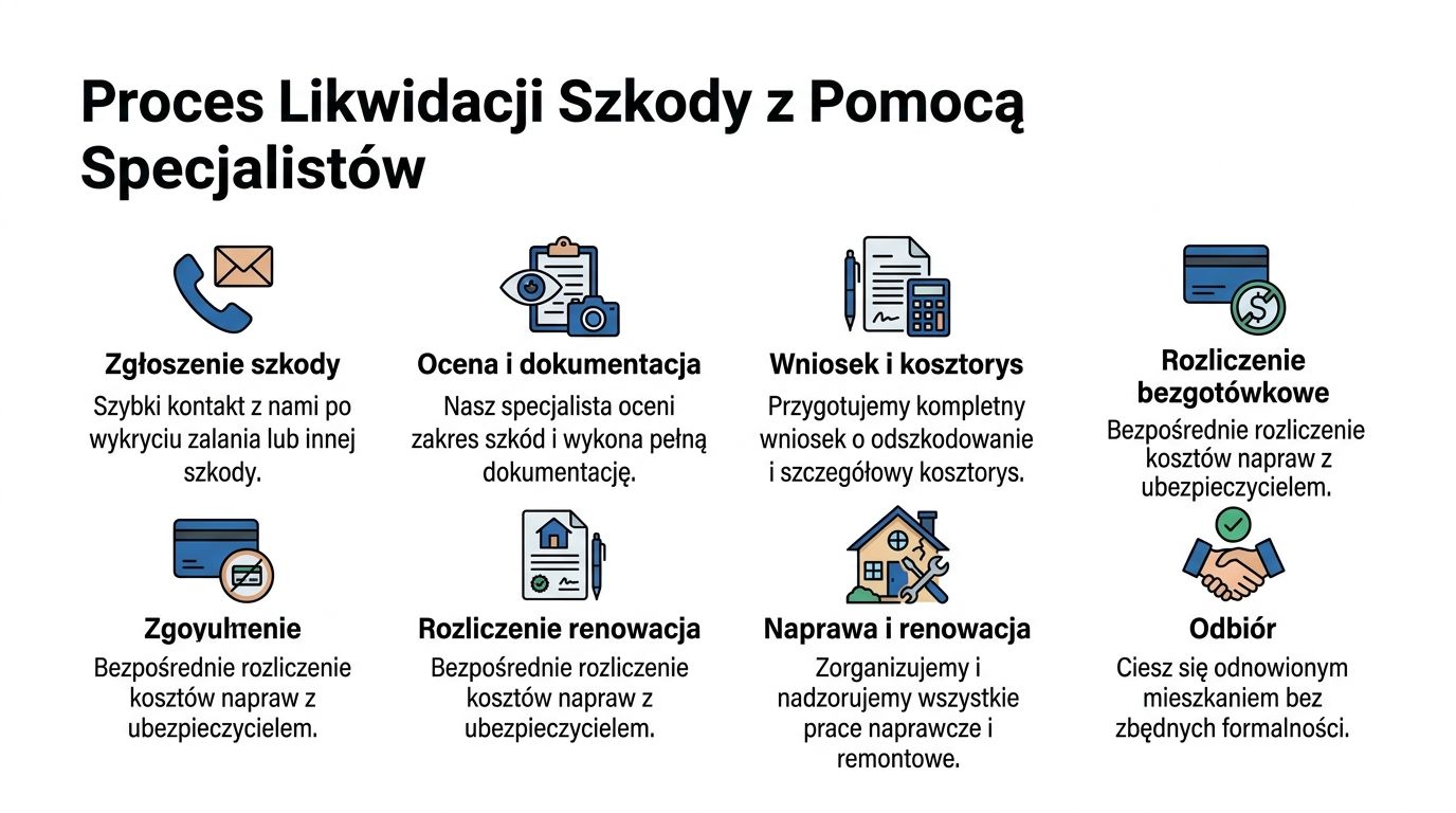 Grafika przedstawiająca kroki procesu likwidacji szkody z pomocą specjalistów od zgłoszenia do odbioru mieszkania.