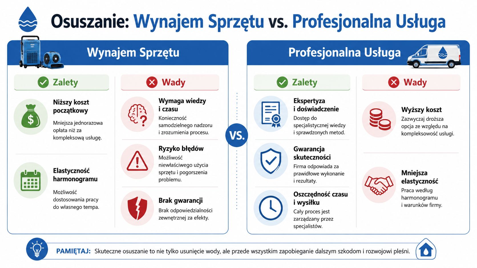 Infografika porównująca zalety i wady wynajmu sprzętu do osuszania versus korzystania z usług profesjonalnej firmy osuszającej.