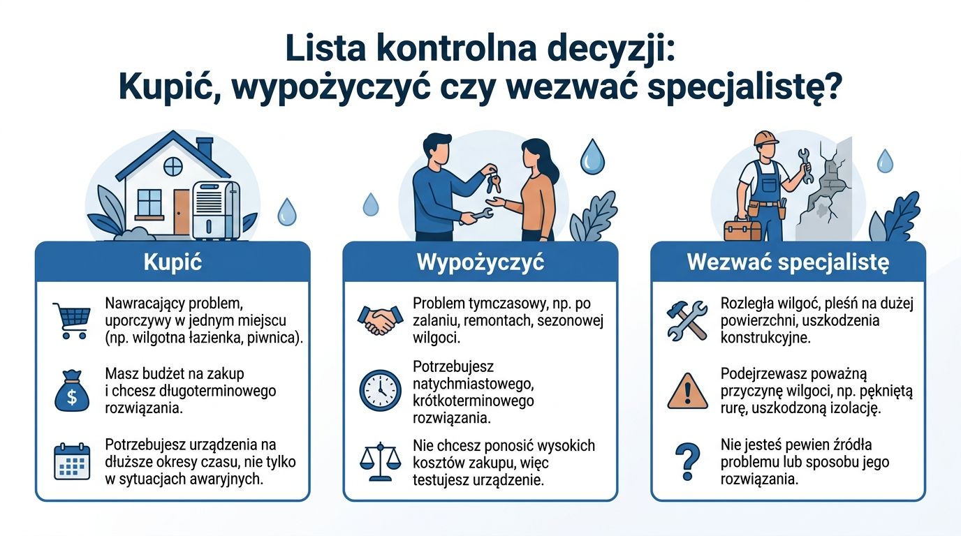 Infografika przedstawiająca kiedy warto kupić, wypożyczyć osuszacz powietrza lub wezwać specjalistę do walki z wilgocią w domu.