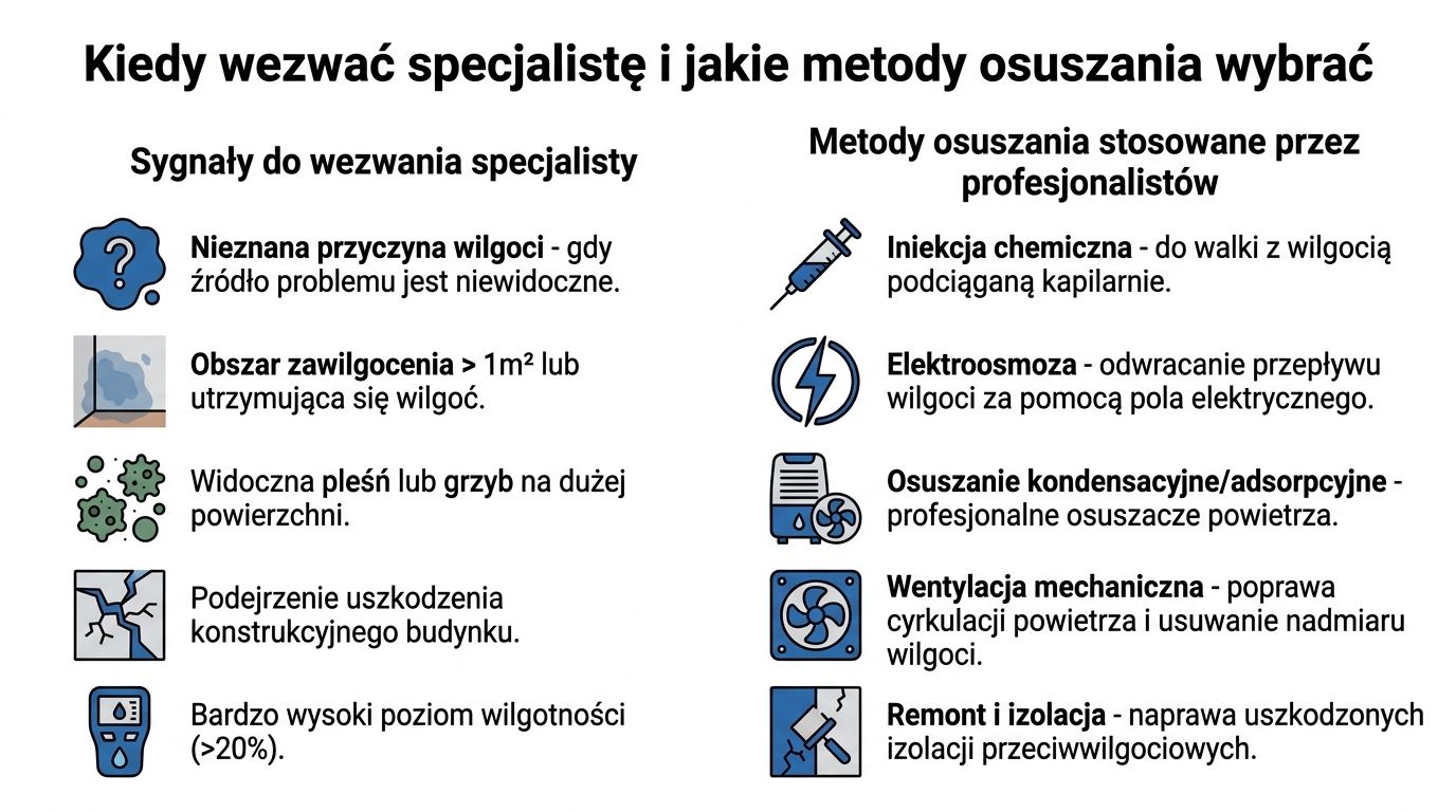 Infografika przedstawiająca sygnały wymagające pomocy specjalisty przy osuszaniu ścian oraz profesjonalne metody usuwania wilgoci w budynkach.