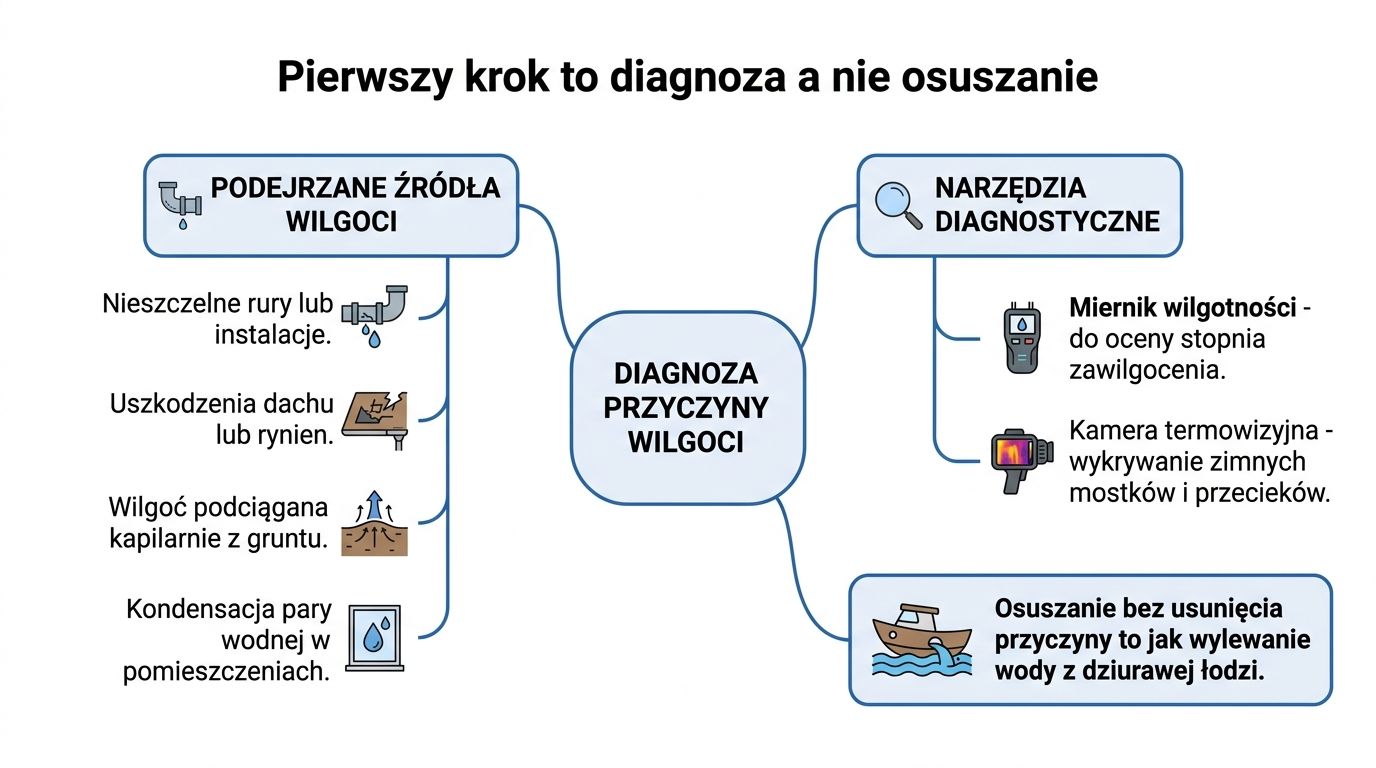 Schemat przedstawiający kroki diagnostyki przyczyn wilgoci w budynkach oraz narzędzia używane do jej wykrywania.