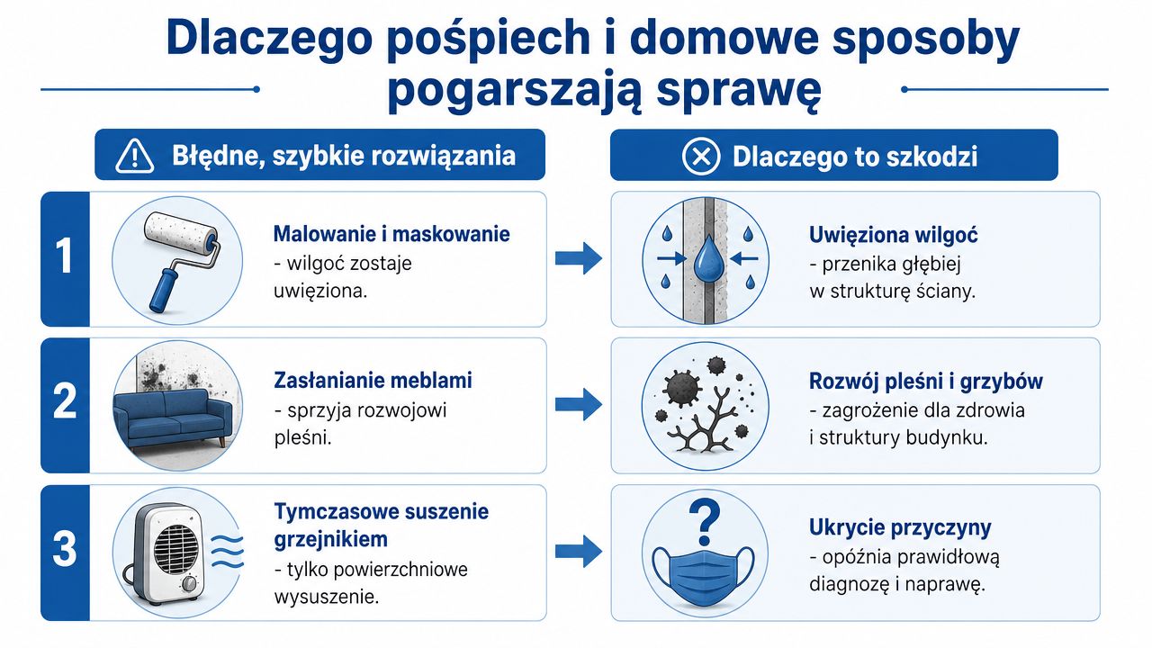 Infografika wyjaśniająca, dlaczego malowanie, zasłanianie wilgoci i suszenie grzejnikami nie usuwa przyczyn wilgoci w domu.